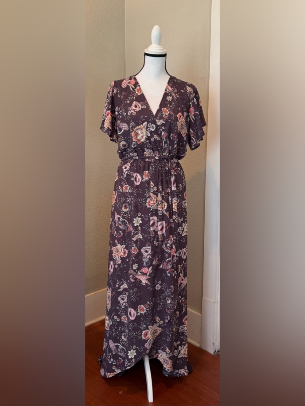 Le Vintage 86 Floral Maxi Dress in Plum with Pink Accents